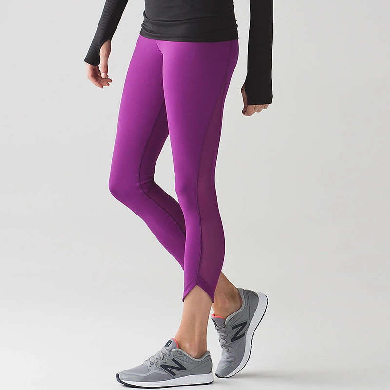 OEM High Waist Splicing Solid Color Women Nylon Leggings Yoga Pants with Mesh Pocket