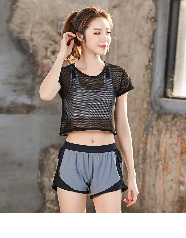 Yoga wear three-piece women's short sleeve shorts sports bra fitness sportswear wholesale